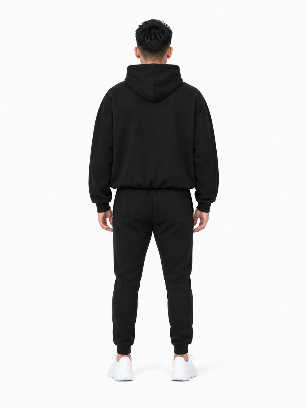 Boxy Gather-Hem Hoodie back model view