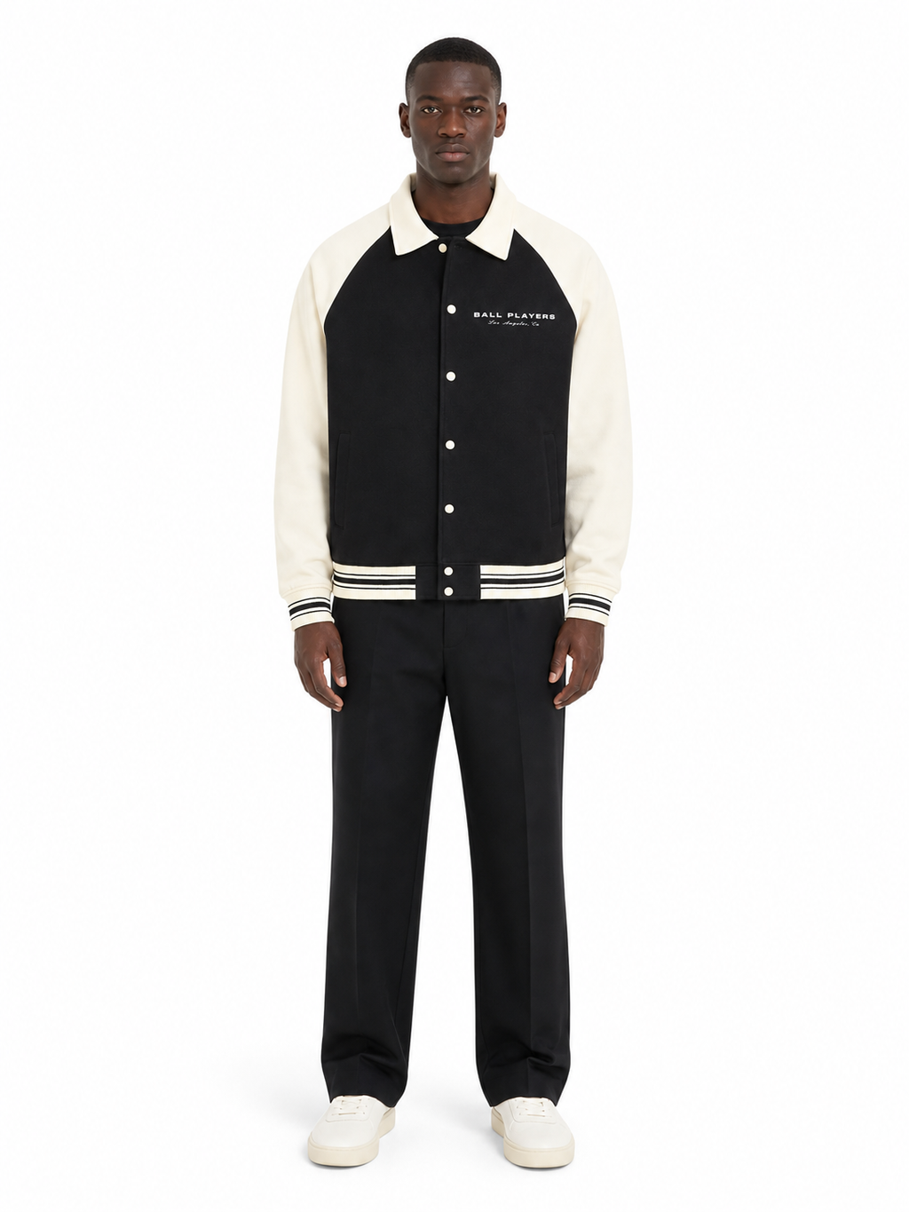 Contrast Raglan Sleeve Baseball Jacket front model view