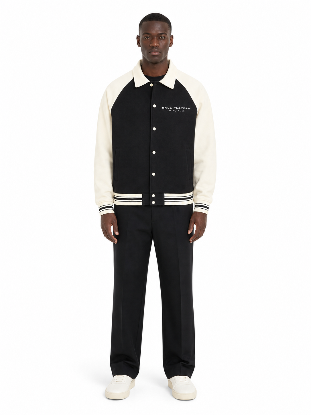 Contrast Raglan Sleeve Baseball Jacket front model view