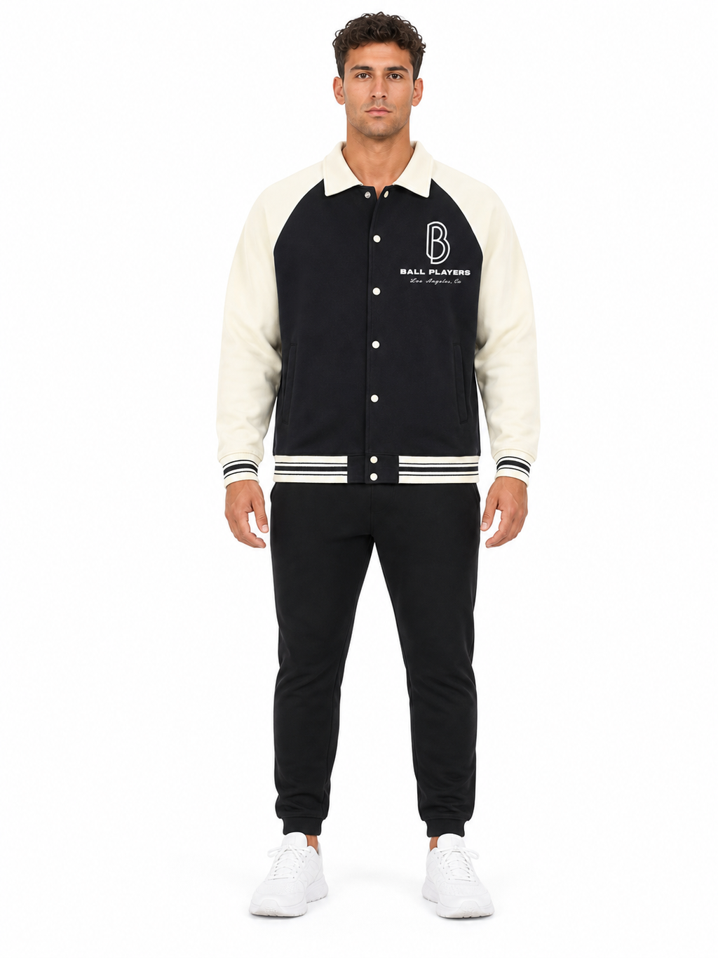 Contrast Raglan Sleeve Baseball Jacket front model view