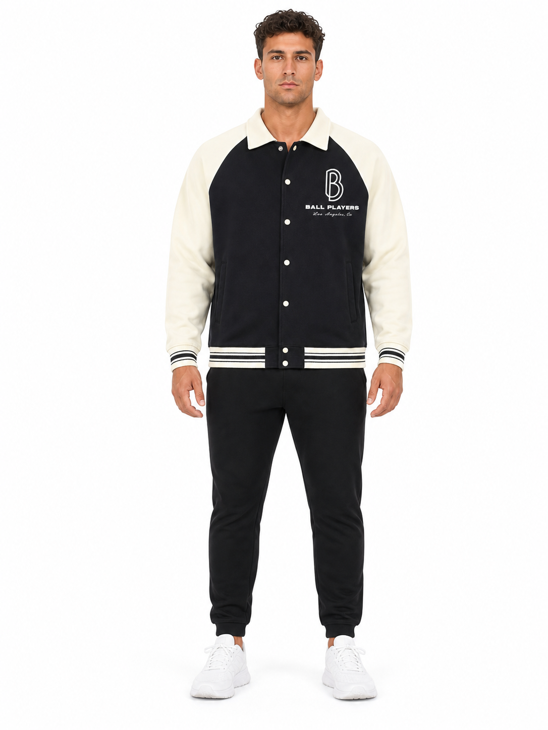 Contrast Raglan Sleeve Baseball Jacket front model view