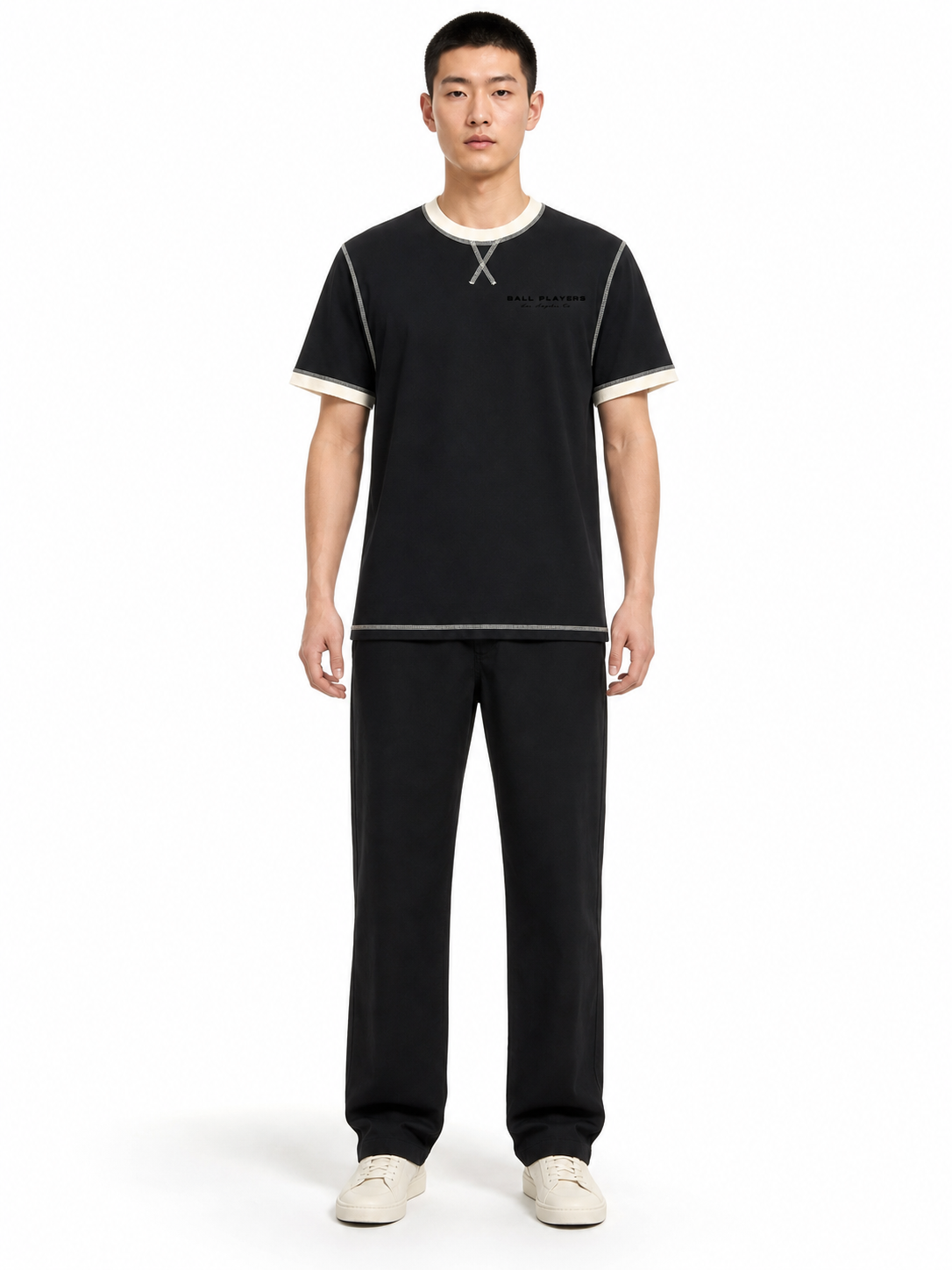 Contrast-Stitched Cotton T-Shirt front model view