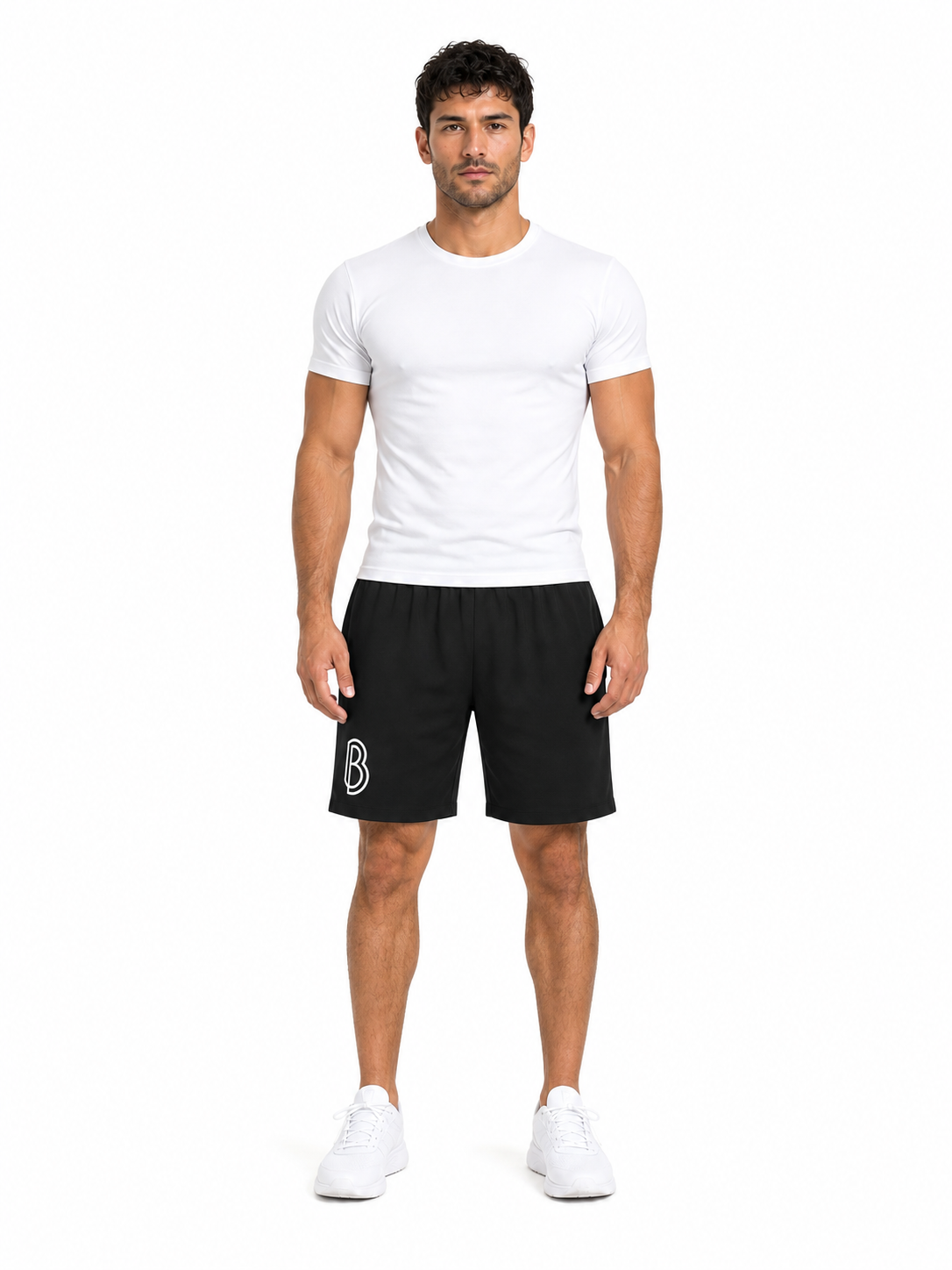Men’s Solid Elastic Waist Shorts front model view