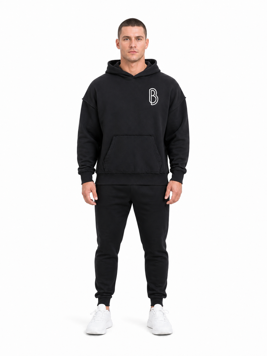 Snow Washed Raw Edge Double Layered Hoodie front model view