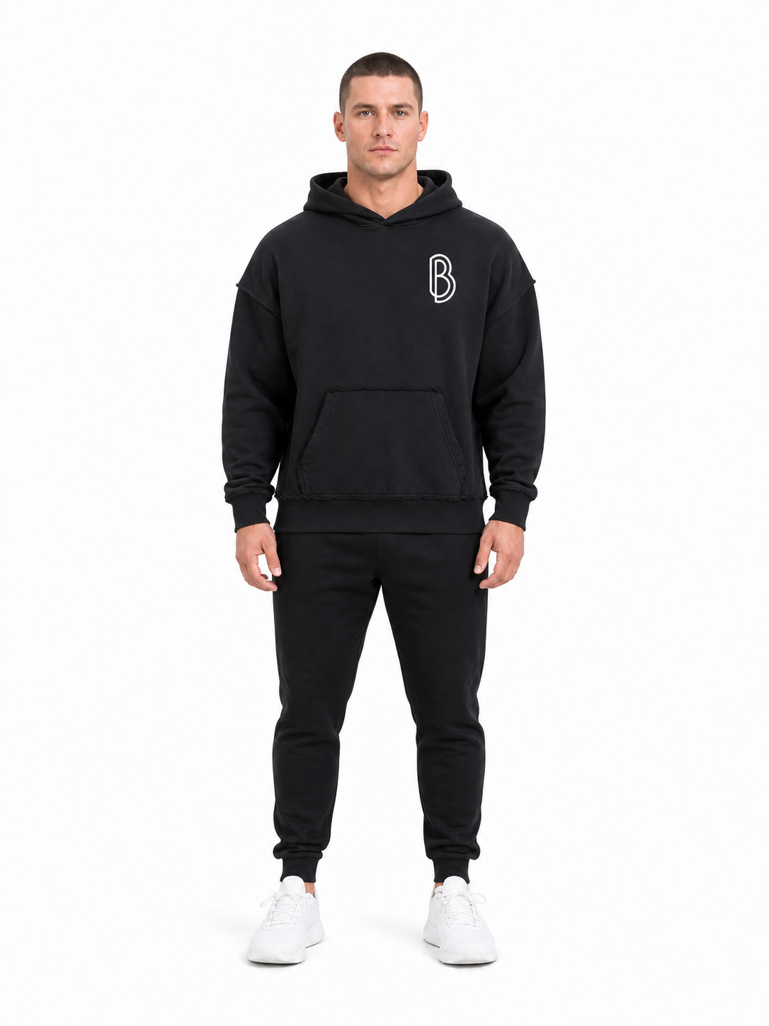 Snow Washed Raw Edge Double Layered Hoodie front model view
