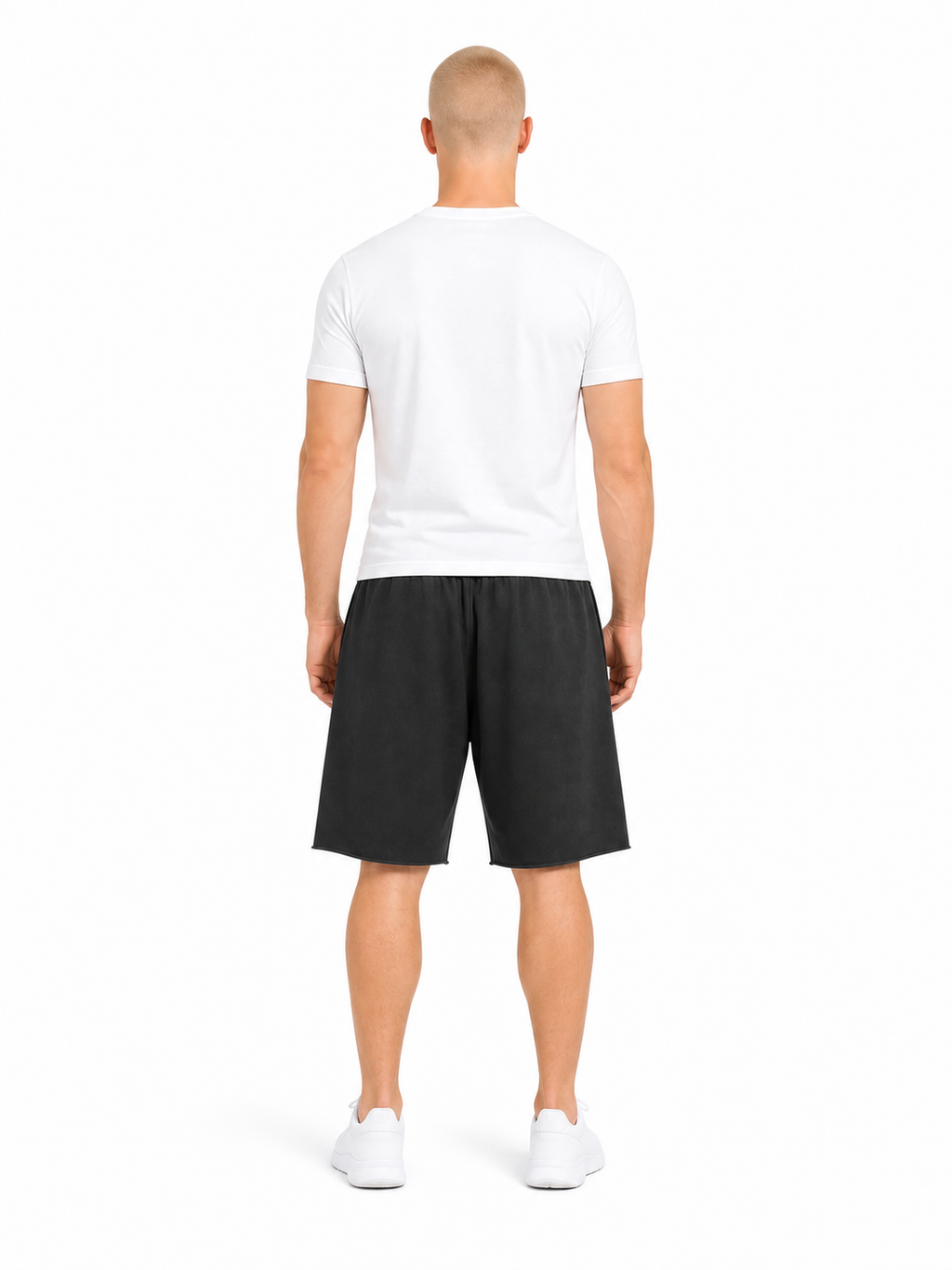 Snow Washed Raw Hem Shorts back model view