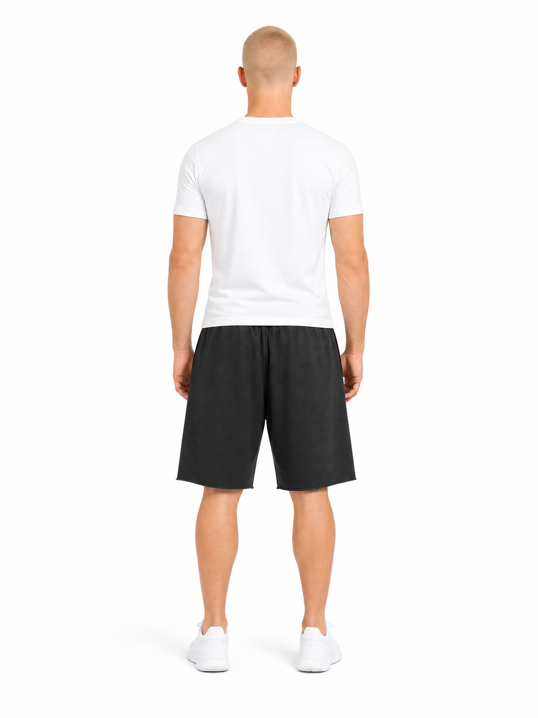 Snow Washed Raw Hem Shorts back model view