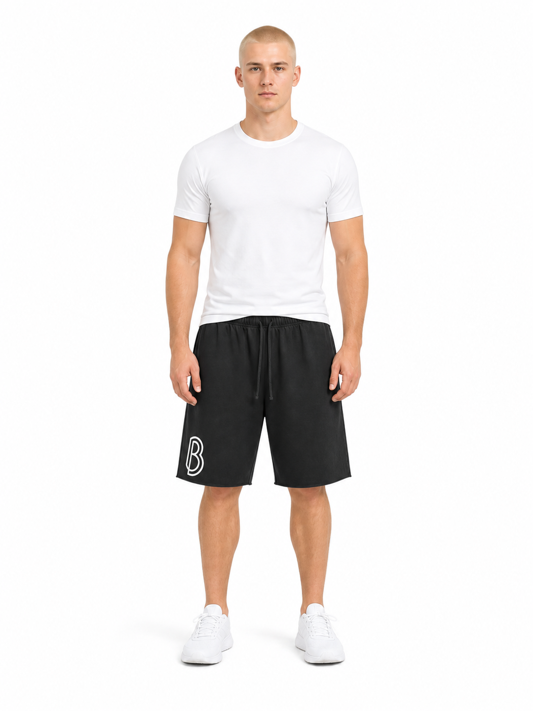 Snow Washed Raw Hem Shorts front model view