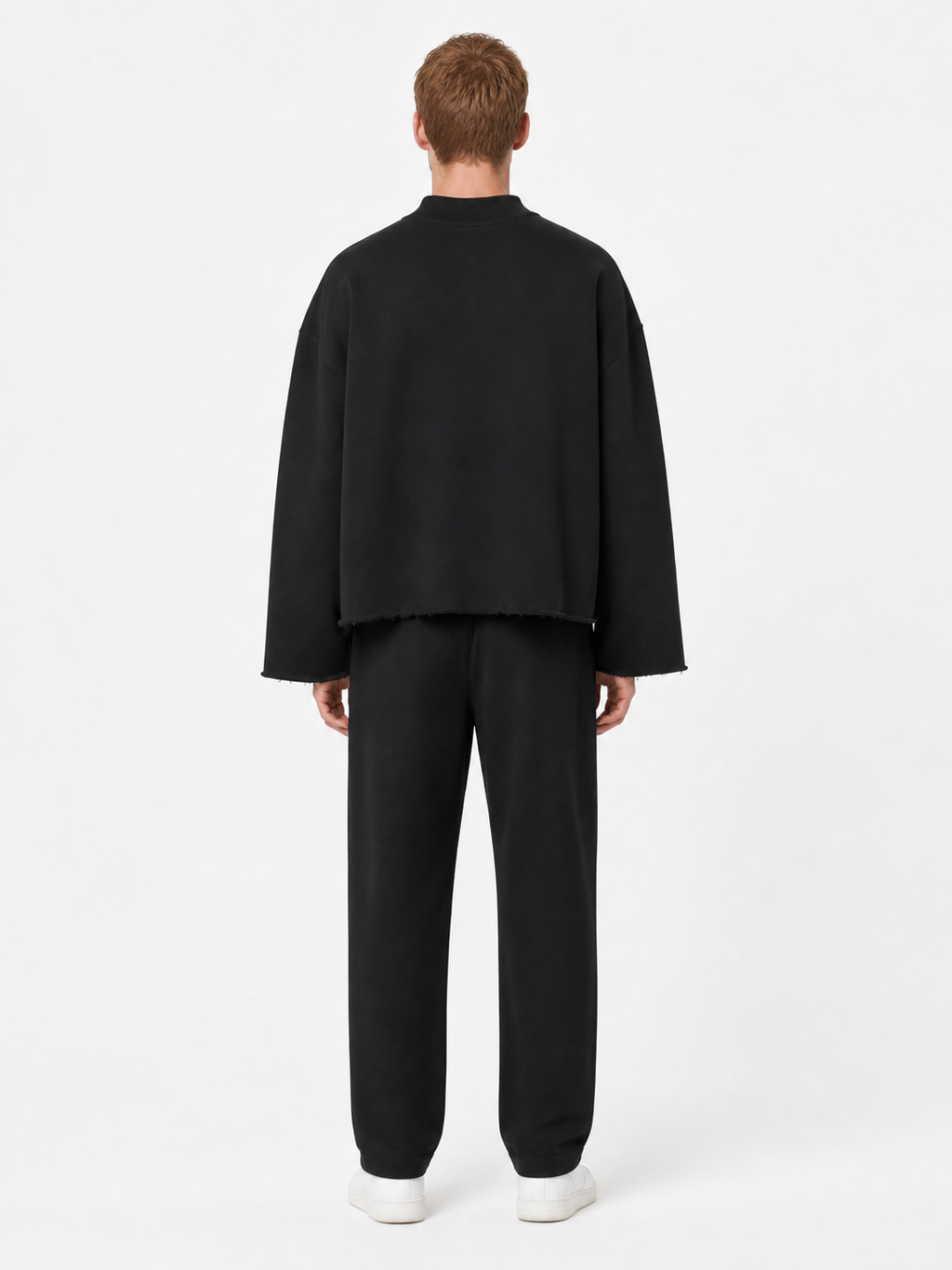 Unisex Mock Neck Raw Edge Boxy Sweatshirt back model view