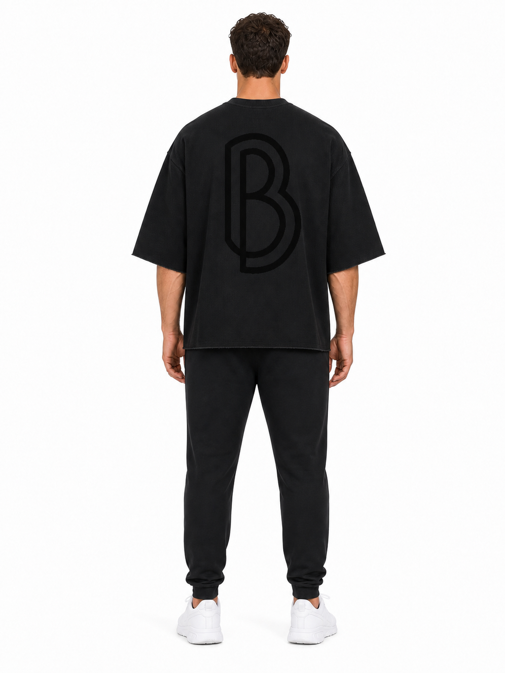 Unisex Waffle Raw Edge T-Shirt back model view