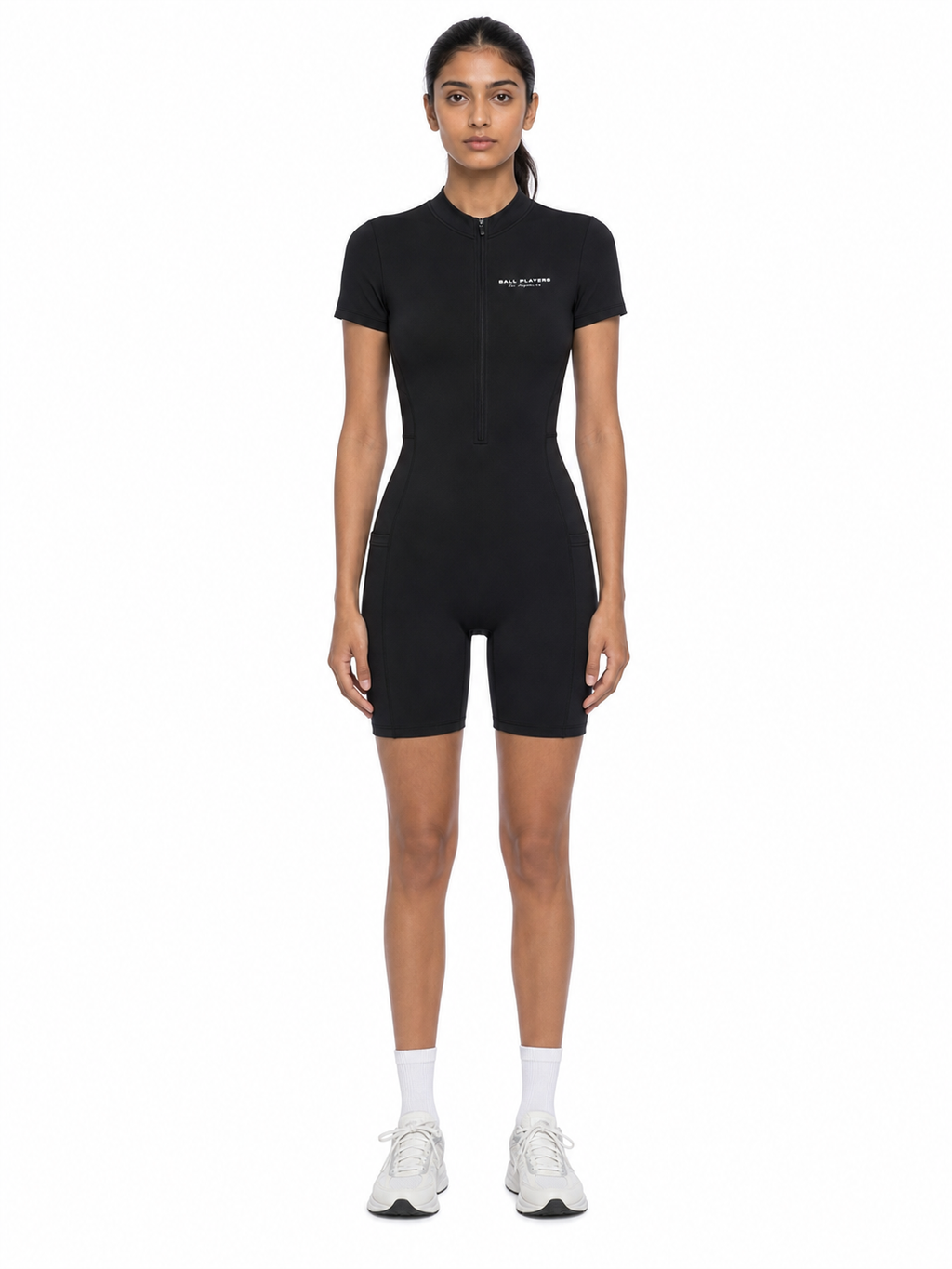 Women's Quarter-Zip Short Sleeve Romper front model view