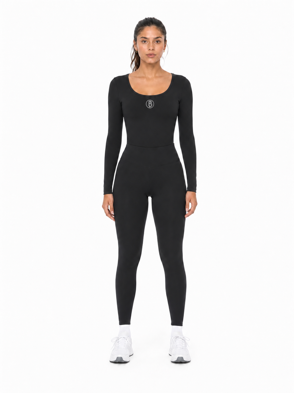 Women's Tight Long Sleeve Yoga Bodysuit front model view