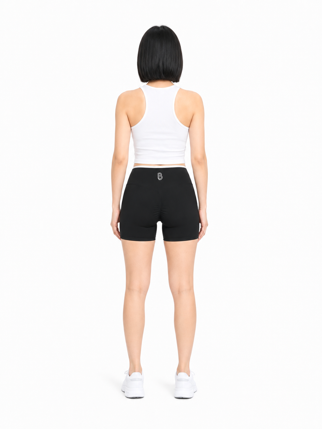 Women’s High Rise Color Block Yoga Shorts back model view