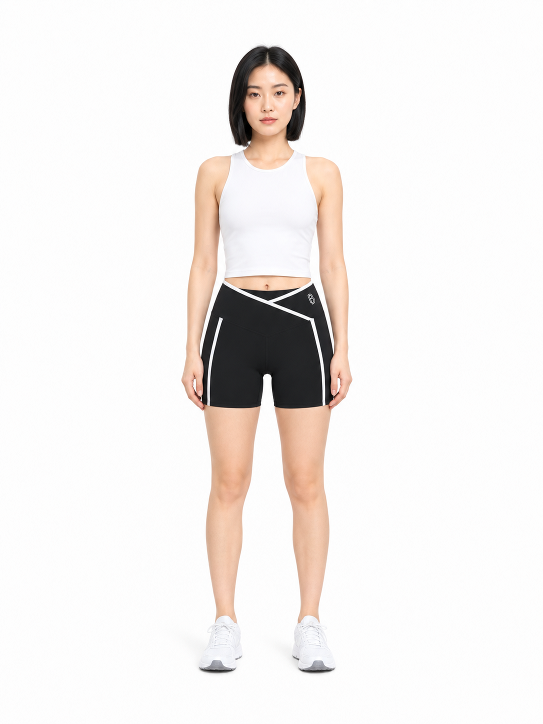 Women’s High Rise Color Block Yoga Shorts front model view