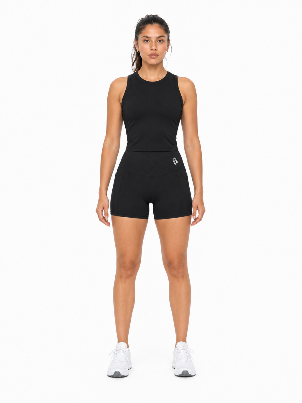 Women’s High Rise Pocket Yoga Shorts front model view