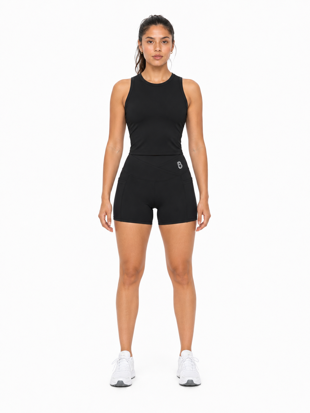 Women’s High Rise Pocket Yoga Shorts front model view