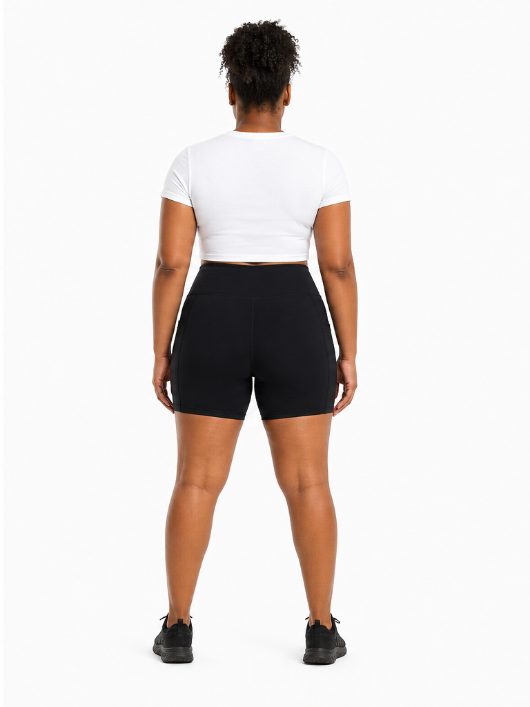 Women’s High Rise Pocket Yoga Shorts back model view