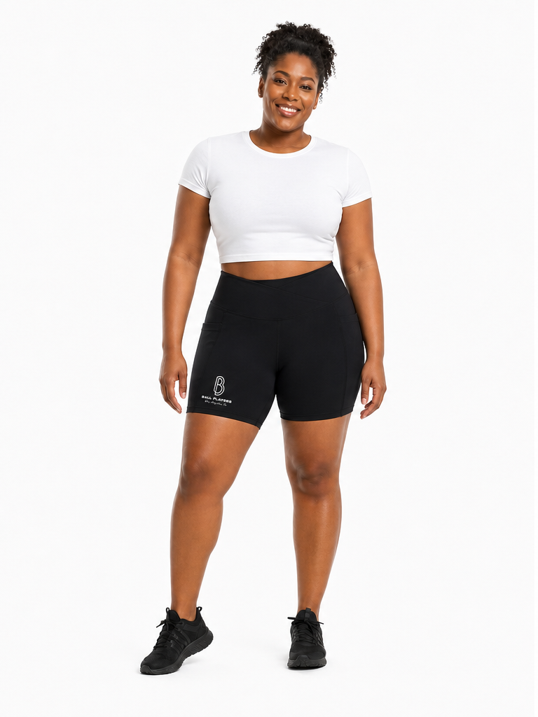 Women’s High Rise Pocket Yoga Shorts front model view