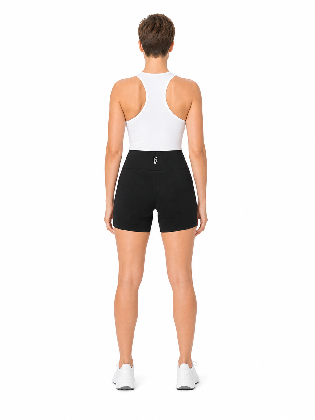 Women’s High Rise Tight Yoga Shorts back model view