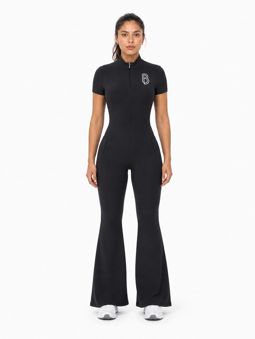 Women’s Tight Flared Leg Quarter-Zip Jumpsuit front model view